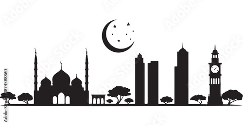 Modern islamic city skyline with mosque architecture and skyscrapers under starry night moon