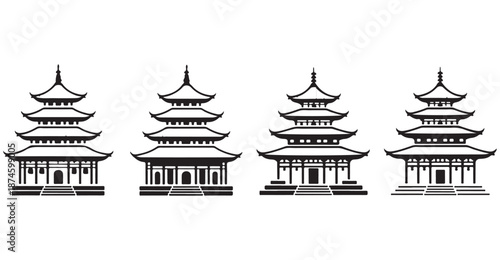 Four distinct styles of traditional tiered Japanese Asian pagoda architecture vector set