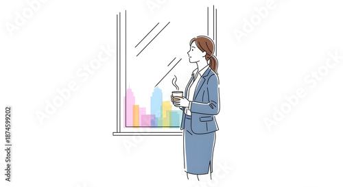 Professional woman holding a hot drink, gazing at an abstract colorful city skyline for business vision concept and thoughtful urban life