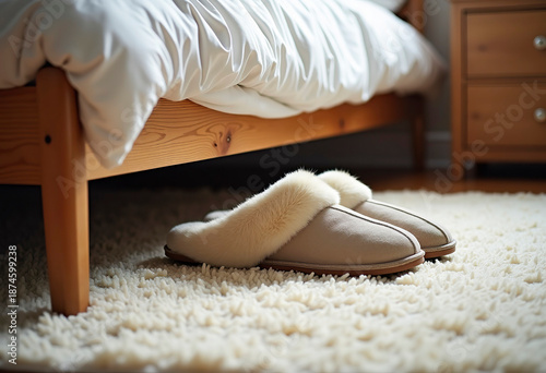 There is a pair of comfortable slippers on the soft mat by the bed. The interior is bright.