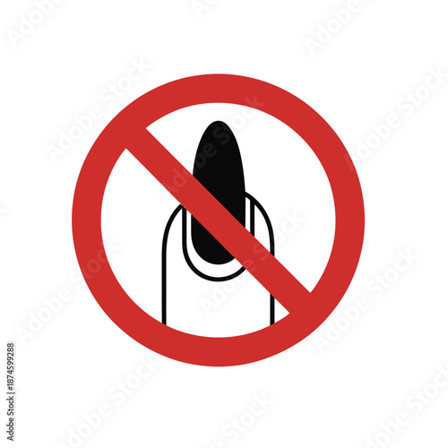 A red circle with a diagonal line over a black fingernail, indicating prohibition of long or artificial nails.