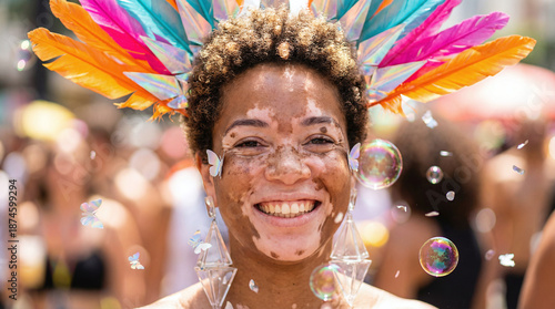 a smiling Black woman with curly hair, wearing a colorful feathered headpiece, large geometric earrings.