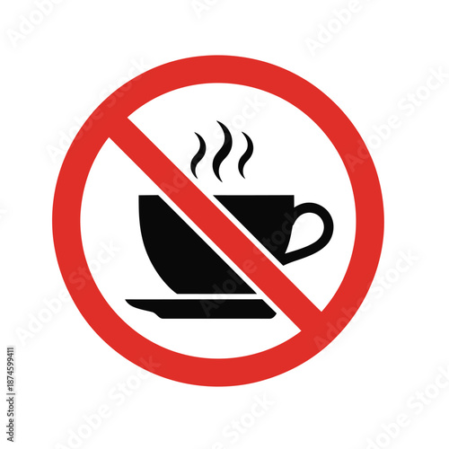 Red circle with diagonal line prohibiting a steaming black coffee cup, indicating no hot drinks allowed.