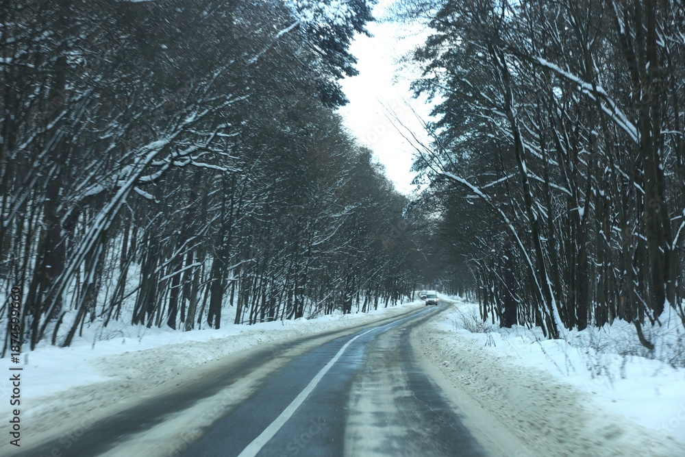 Obraz premium A snowy winter road winds through a dense forest of snow-covered trees under a clear sky