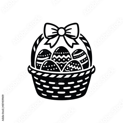 Black and white Easter basket vector with decorative eggs and bow illustration for holiday design