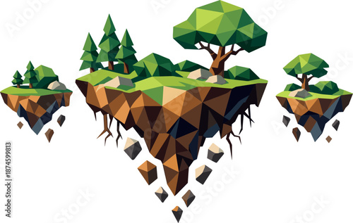 Fantasy Floating Islands. Low-poly vector illustration focused on fantasy floating islands with trees and greenery, polygonal