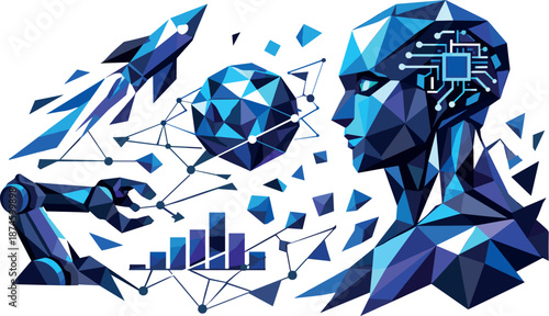 Futuristic AI Geometry. Low-poly vector illustration focused on technologies, artificial intelligence, and the future, polygonal