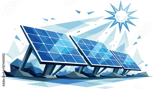 Geometric Solar Energy. Low-poly vector illustration focused on a conceptual renewable energy scene with solar panels, polygonal