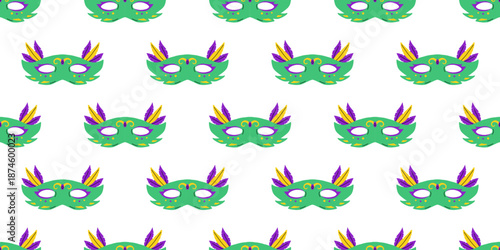 Vector seamless pattern with green mardi gras mask with feather on white background, festive carnival masquerade costume repeat for party wrapping paper, fabric, textile and holiday decoration design.
