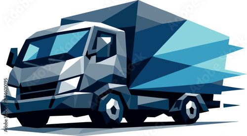 Geometric Delivery Truck. Low-poly vector illustration focused on a modern delivery truck viewed from a three-quarter angle,