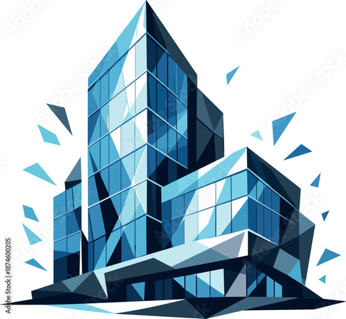 Modern Minimalist Office Building. Low-poly vector illustration focused on a modern glass office building, polygonal geometric