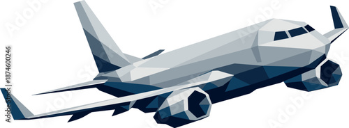 Geometric Airplane Illustration. Low-poly vector illustration focused on a passenger airplane viewed from a three-quarter angle,