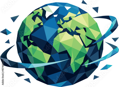 Geometric Global Connectivity. Low-poly vector illustration focused on a globe symbolizing the world and global connectivity,