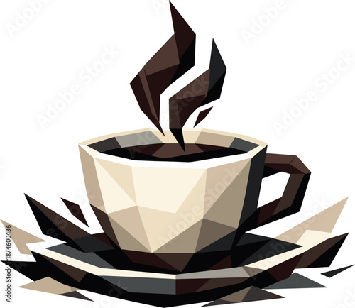 Geometric Coffee Illustration. Low-poly vector illustration of a hot coffee cup representing productivity and lifestyle comfort,