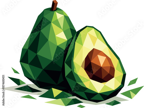 Geometric Avocado Illustration. Low-poly vector illustration of a whole avocado with a cut half symbolizing superfood and healthy