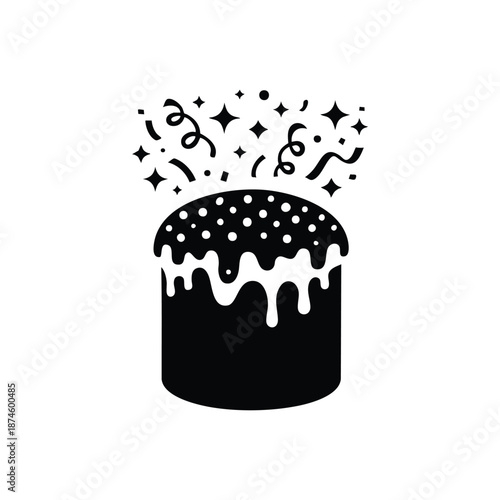 Easter cake black and white vector illustration with festive confetti and sprinkles icing