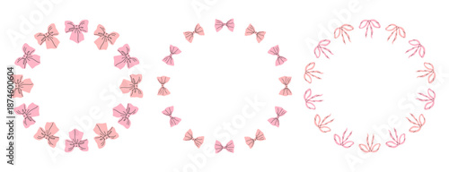Set of round vector frames made of pink satin bows. Bow frame design. Vector illustration. Decorative cute template.