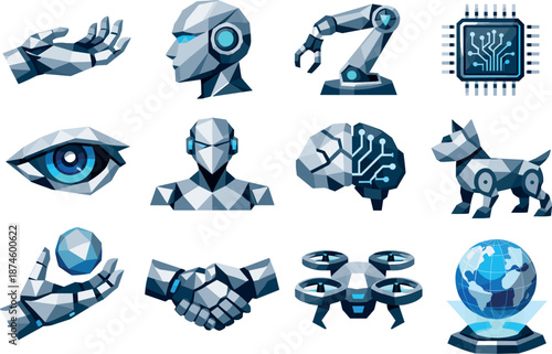 Futuristic Robotics Icons. Robotics Low-Poly Vector Icon Set, robotic hands, android intelligence, future technology. Low-poly