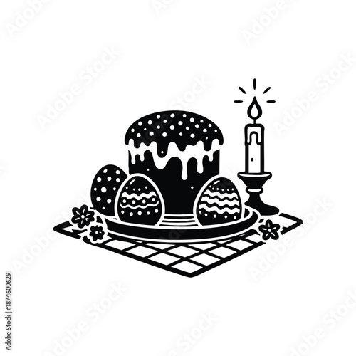 Black and white Easter vector illustration with traditional cake decorated eggs candle and festive table setting