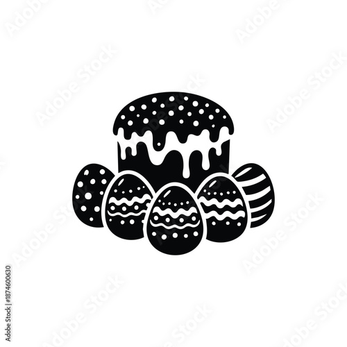Black and white Easter cake with decorative eggs vector illustration for holiday design