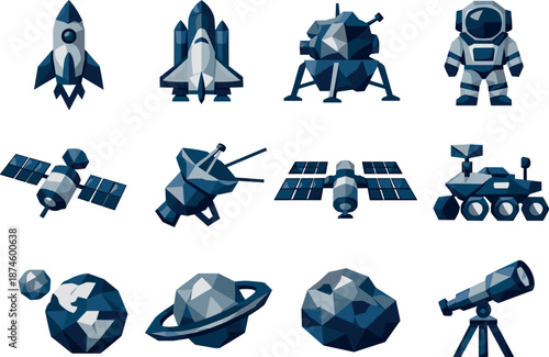 Low-Poly Space Icons. Space and Astronomy Low-Poly Vector Icon Set, space rockets, orbital satellites, planetary science. Low-poly