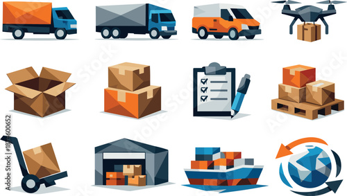 Low-Poly Logistics Icons. Logistics and Delivery Low-Poly Vector Icon Set, trucks, packages, courier drones, supply chain.