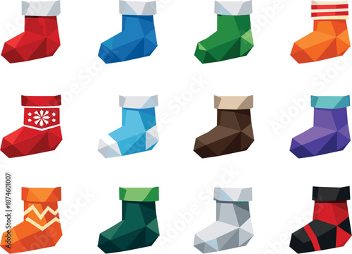Low-Poly Winter Socks. Geometric low-poly vector icons depicting cozy winter socks built from angular polygonal facets and clean