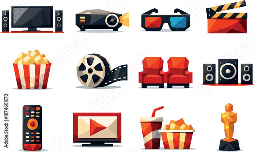 Low-Poly Cinema Icons. Stylized low-poly home cinema icons designed with sharp angular polygons and faceted movie-night inspired
