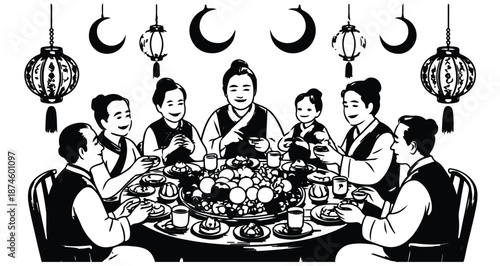 Traditional family gathering for festive meal during holiday celebration with moon symbols