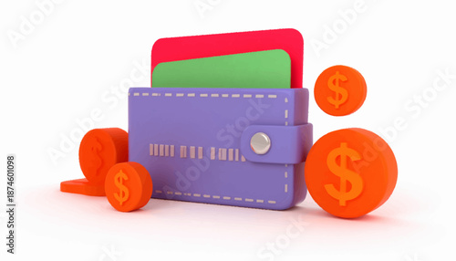 Modern 3D illustration of a purple wallet holding credit cards, surrounded by floating orange coins, representing financial planning, secure digital payments, and everyday money management