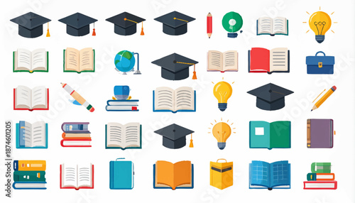 Educational flat vector icon set representing core learning concepts, featuring graduation caps, books, and school supplies, suitable for academic projects