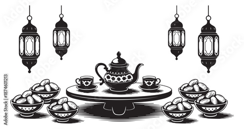 Ramadan iftar suhoor table setting with teapot cups dates and lanterns islamic tradition