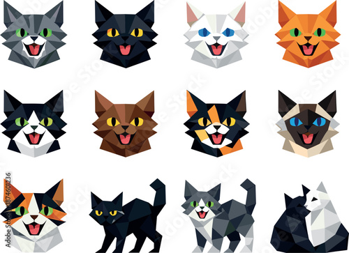 Low-Poly Cat Icons. Stylized low-poly March cat icons designed with sharp angular polygons and faceted fur-inspired shapes for a