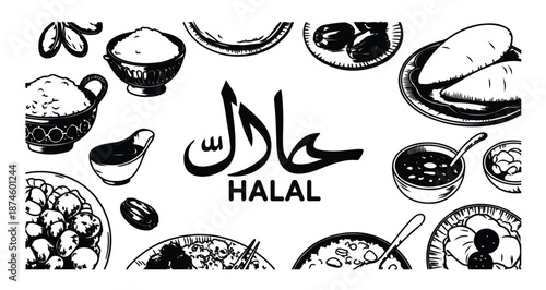 Halal arabic food banner with traditional dishes around written word halal ramadan eid