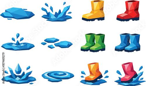 Low-Poly Puddle Icons. Stylized low-poly puddle and boot icons designed with sharp angular polygons and faceted water splash and