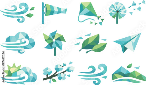 Spring Breeze Icons. Modern low-poly vector illustration set showcasing spring wind via crisp triangular geometry and faceted