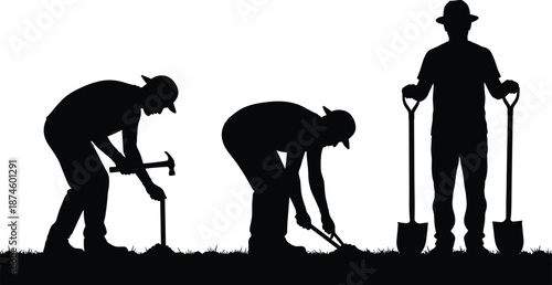 Farmer digging soil silhouettes set, agricultural worker with shovel hammer tools, black vector illustration isolated on white background