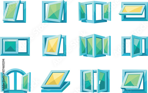 Minimalist Window Icons. Stylized low-poly opening window icons designed with sharp angular polygons and faceted architectural