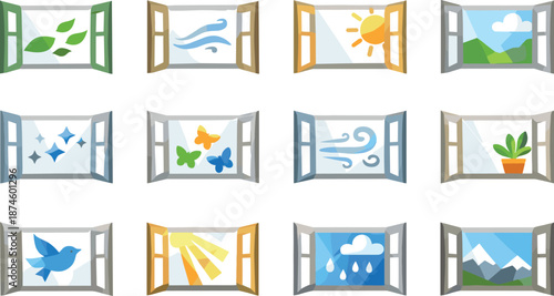Geometric Window Icons. Low-poly vector icon set of opening windows symbolizing fresh air and renewal, rendered in sharp geometric