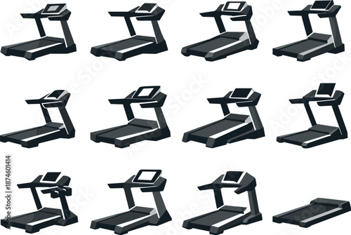 Low-Poly Treadmill Icons. Stylized low-poly treadmill icons designed with sharp angular polygons and faceted running belt and