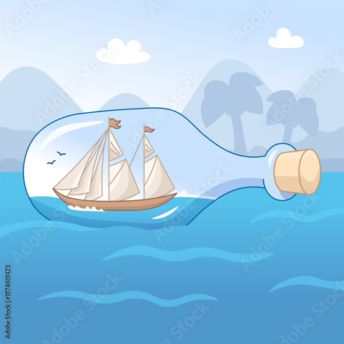 Ship inside the glass bottle sailing on water on tropical islands and palm trees background in cartoon style.