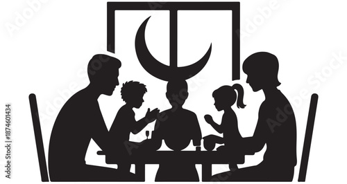 Muslim family breaking fast together during ramadan iftar with crescent moon symbol silhouette vector