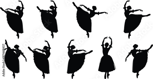 Ballet dancer silhouettes collection, graceful classical dance poses, black female ballet shapes, elegant movement vector isolated on white background