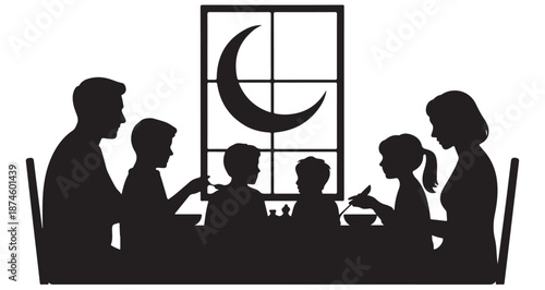 Family sitting at table eating dinner during ramadan silhouette against window with moon vector