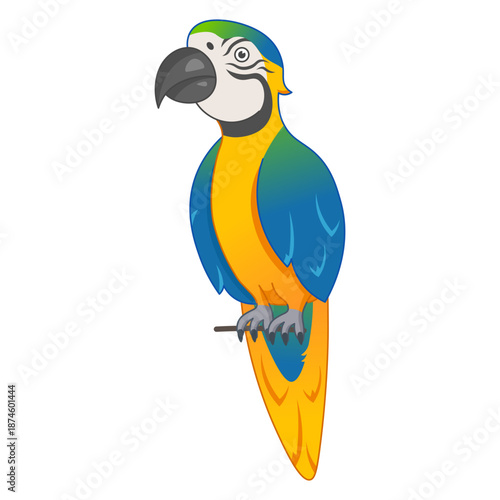 Cartoon colorful macaw parrot sitting on a branch. Exotic tropical bird with yellow and blue feathers isolated on white background.