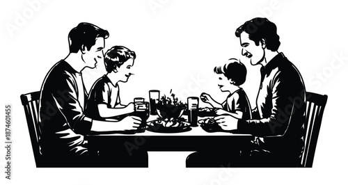 Two fathers and their two children enjoying healthy meal together at dining room table vector