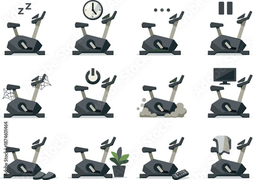 Stationary Bike Icons. Modern low-poly vector illustration set showing a stationary exercise bike standing still, emphasizing