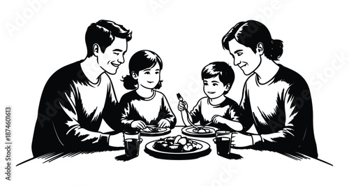 Happy family eating dinner together around dining table illustration