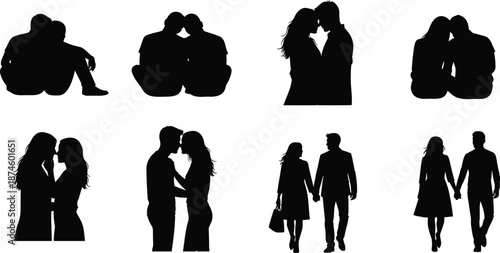 Romantic couple silhouette set, love relationship moments, man and woman hugging, kissing, holding hands isolated on white background