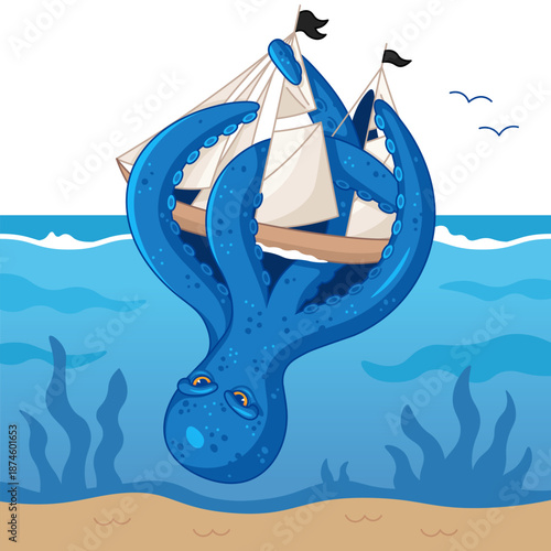 A giant kraken monster attacked a pirate ship at sea in cartoon style.